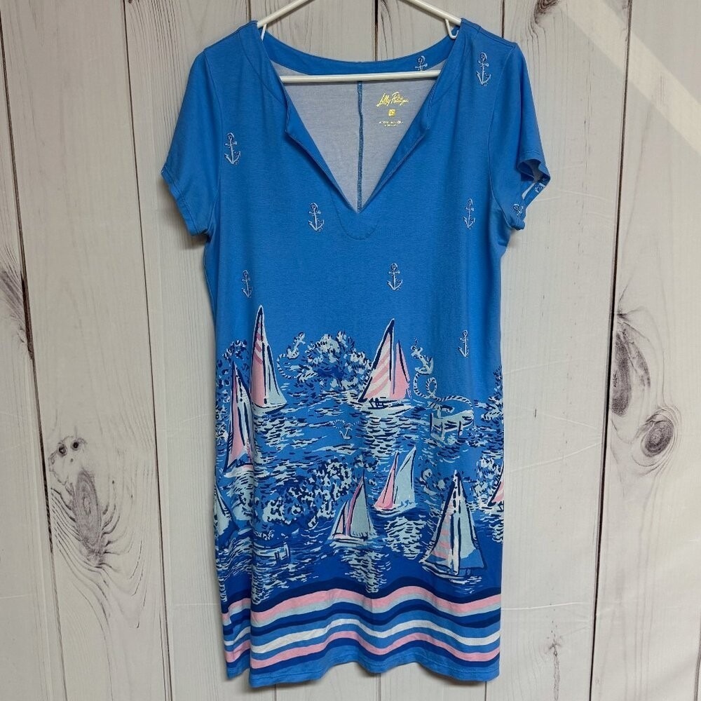 Lilly Pulitzer Womens Sophiletta Dress L A Lil Nauti UPF 50+ Blue EUC